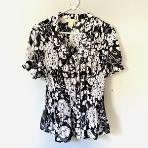New York City Design Blouse Large Black White Floral Chiffon Button Up Vintage